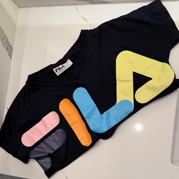 Fila Tops - Fila Womens Black Crop Top Short Sleeve Multi Color Logo Graphic Tee Size S